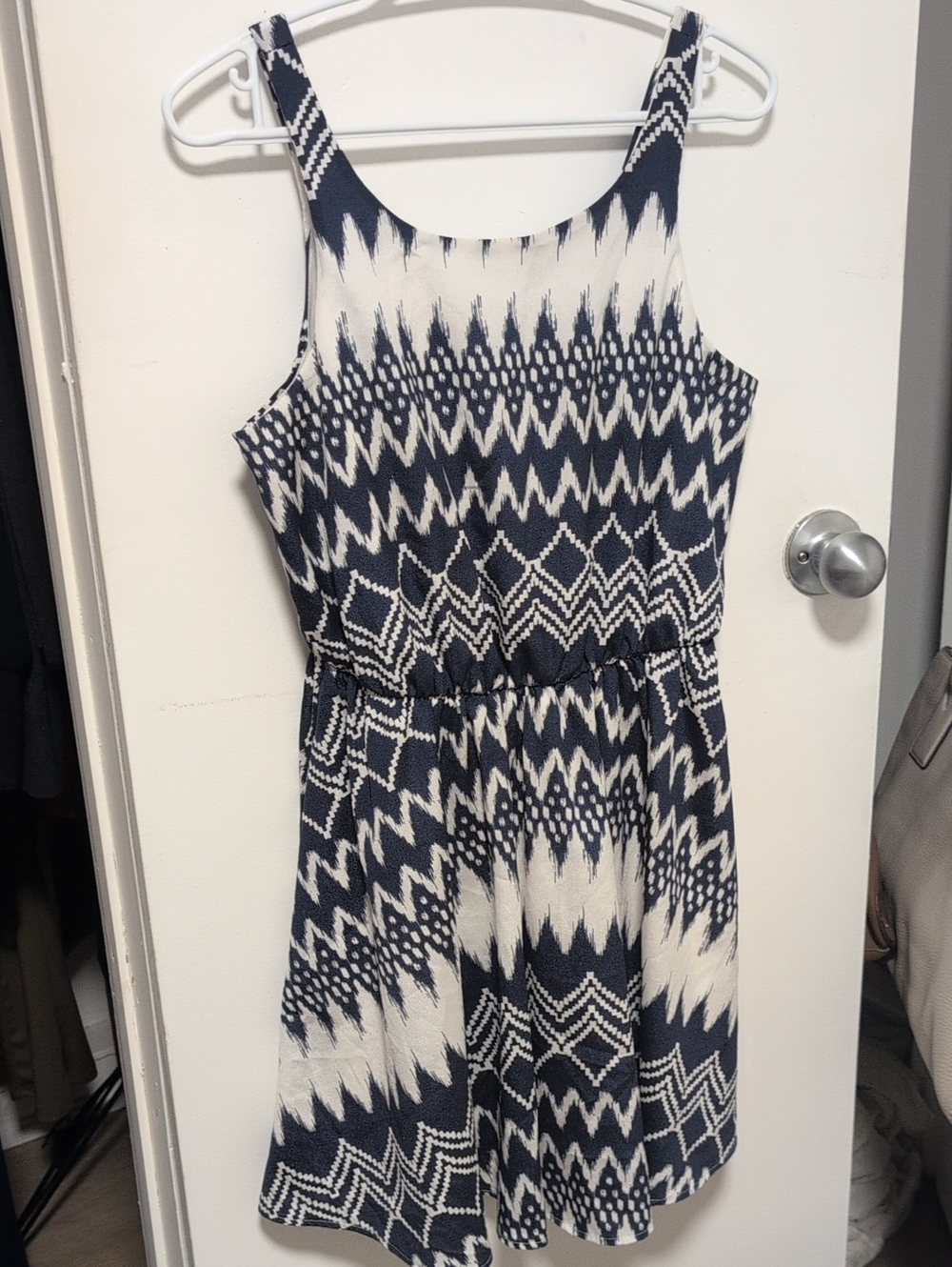 Sequin Hearts Navy and White Geometric Sleeveless Dress